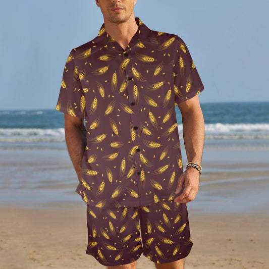 Agricultural Gold Wheat Print Pattern Men's Beach Shirt and Shorts Set