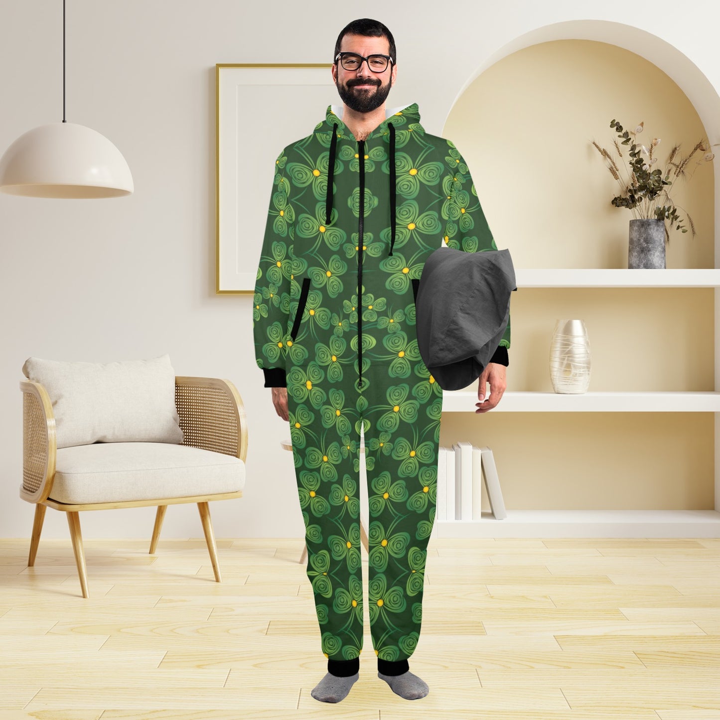 Shamrock Pattern Hooded Fleece Onesie Pajama Jumpsuit
