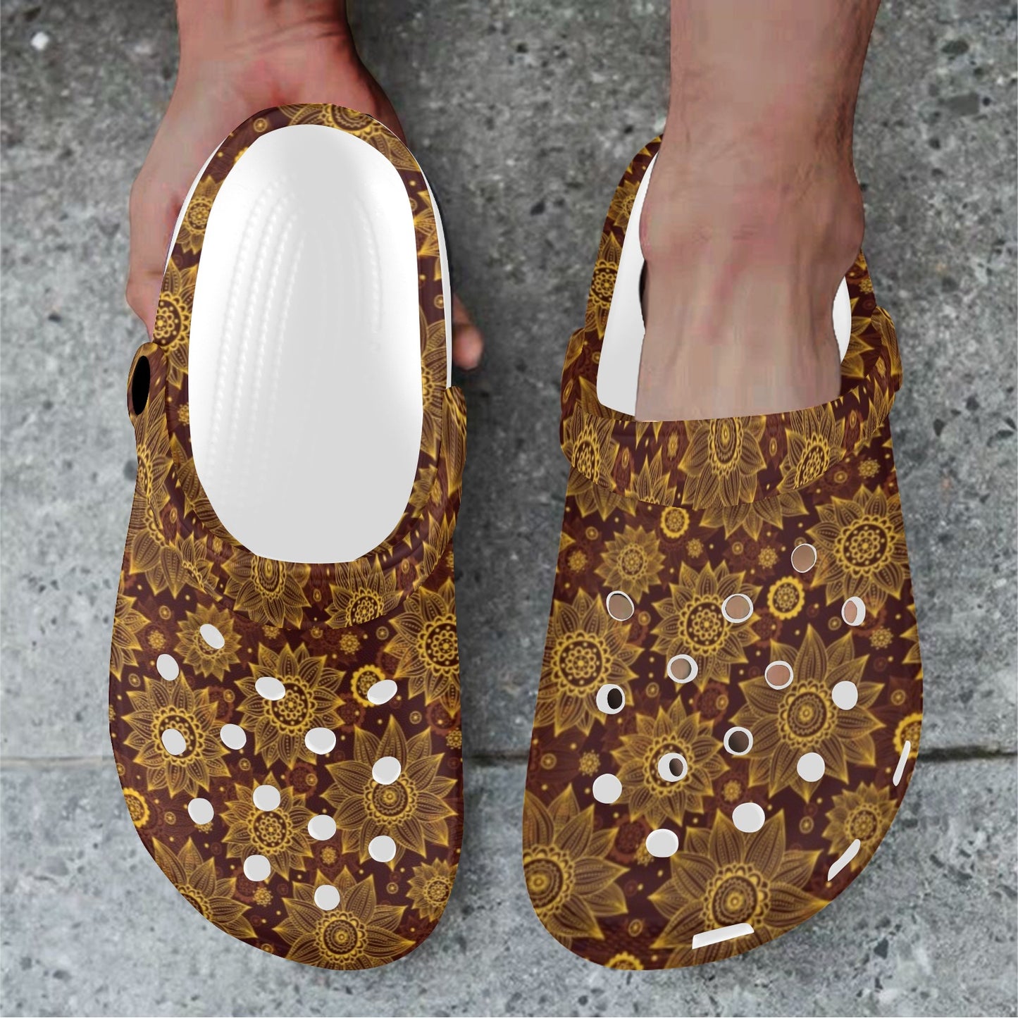 Gold Sunflower Hand Drawn Print Unisex Clogs Shoes