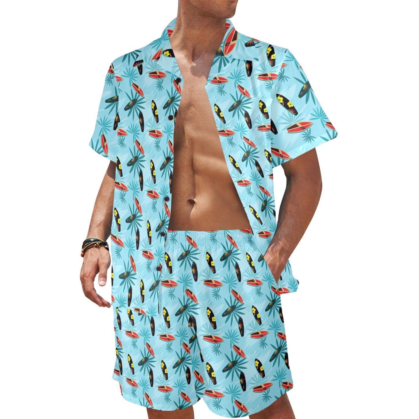 Surfboard Themed Pattern Men's Beach Shirt and Shorts Set