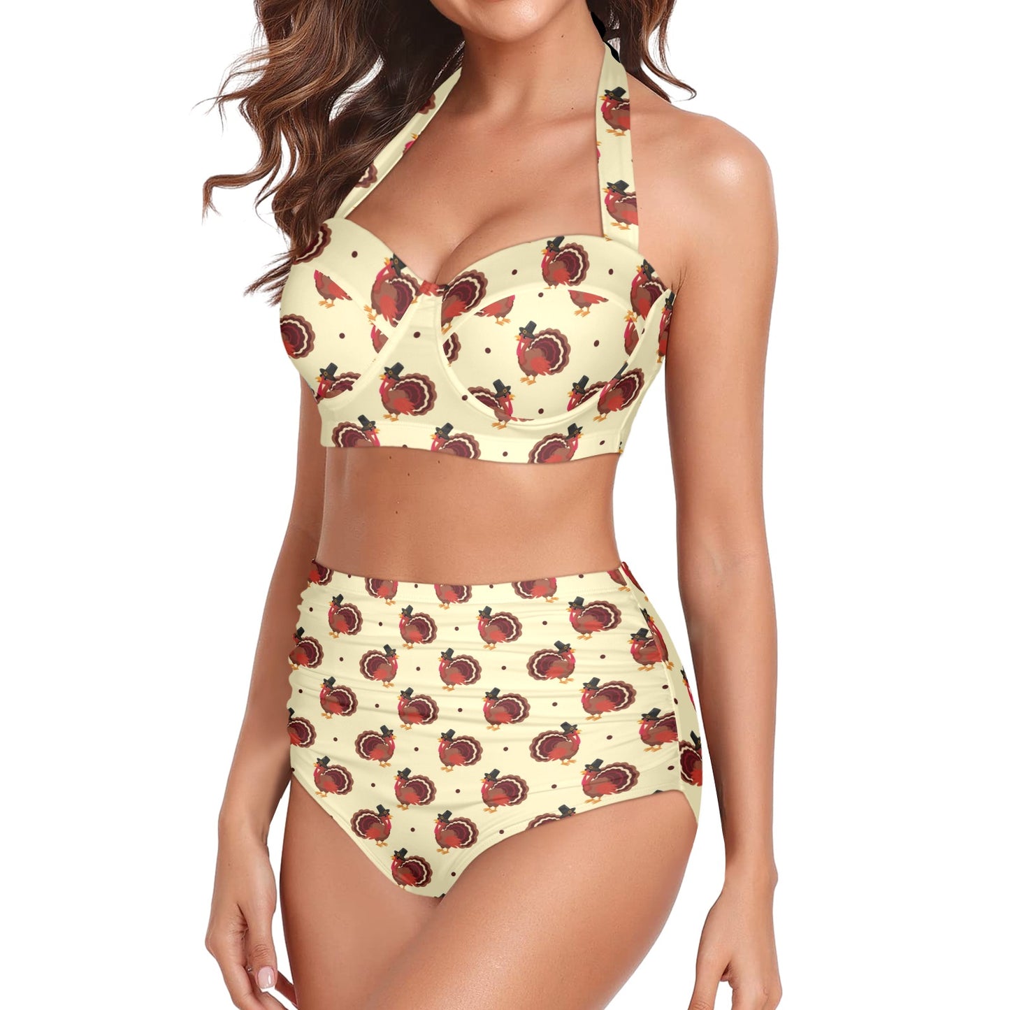 Thanksgiving Print Design LKS3010 Halter Neck Bikini Swimsuit
