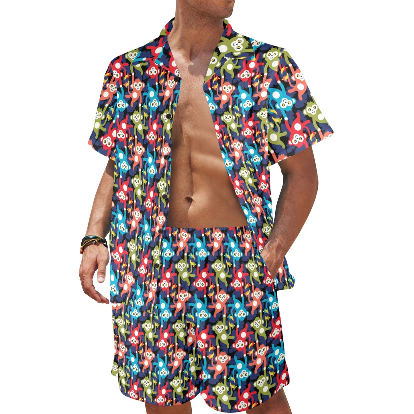 Monkey Colorful Design Themed Print Men's Beach Shirt and Shorts Set
