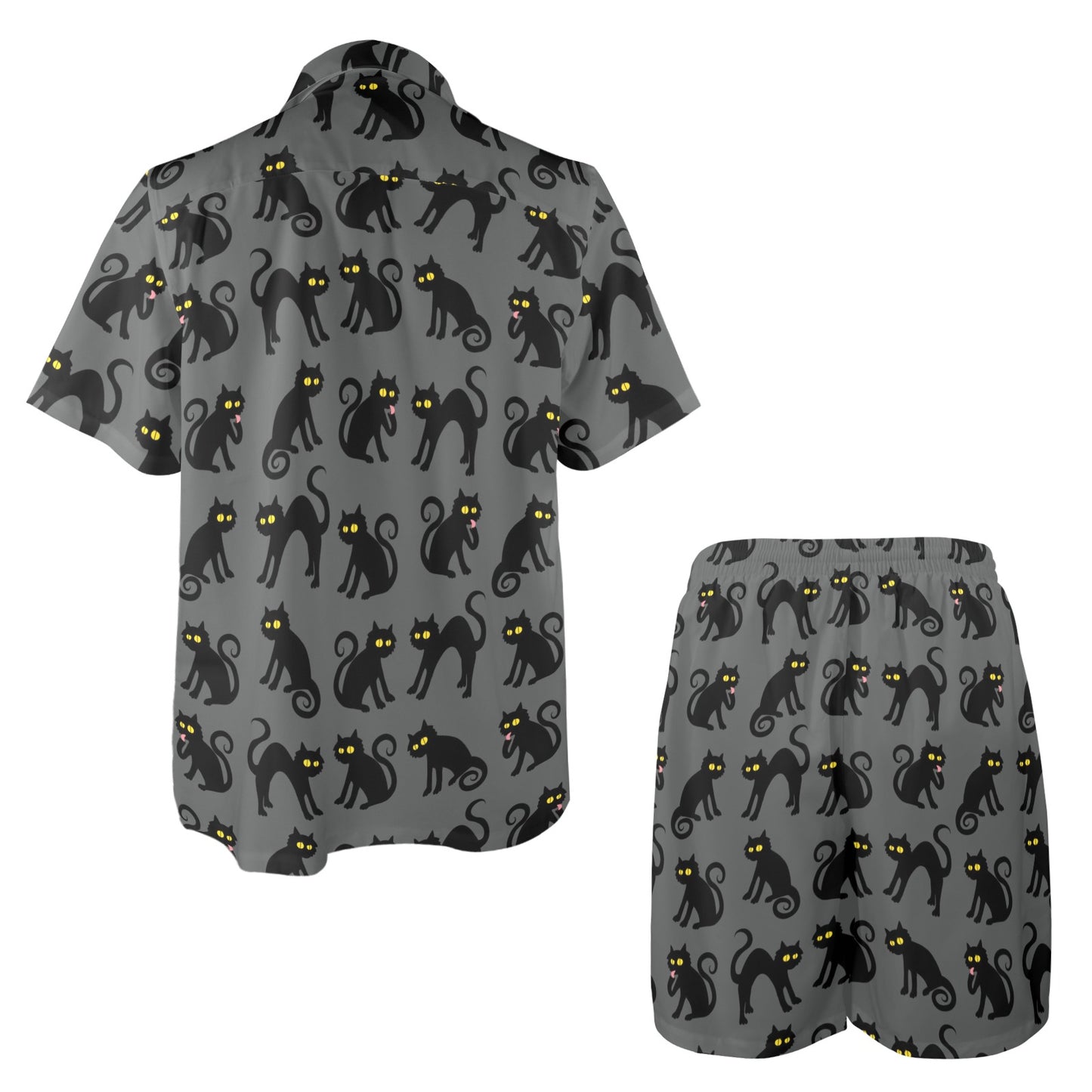 Black Cat Cute Print Pattern Men's Beach Shirt and Shorts Set