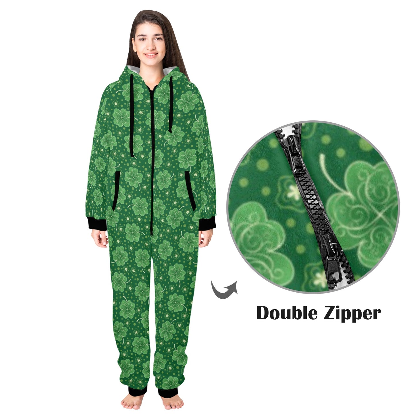 Shamrock Design Print Hooded Fleece Onesie Pajama Jumpsuit