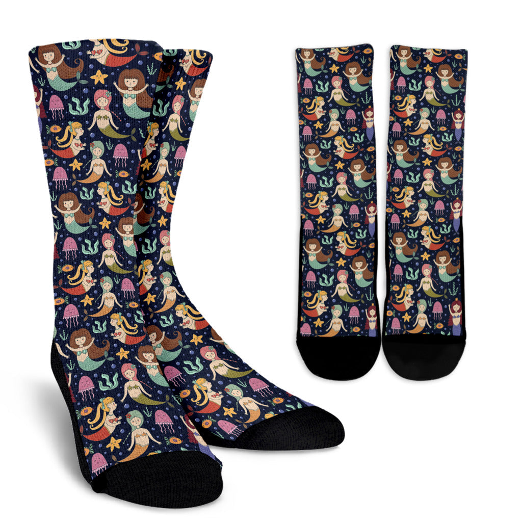 Mermaid Cartoon Pattern Print Design 03 Crew Socks