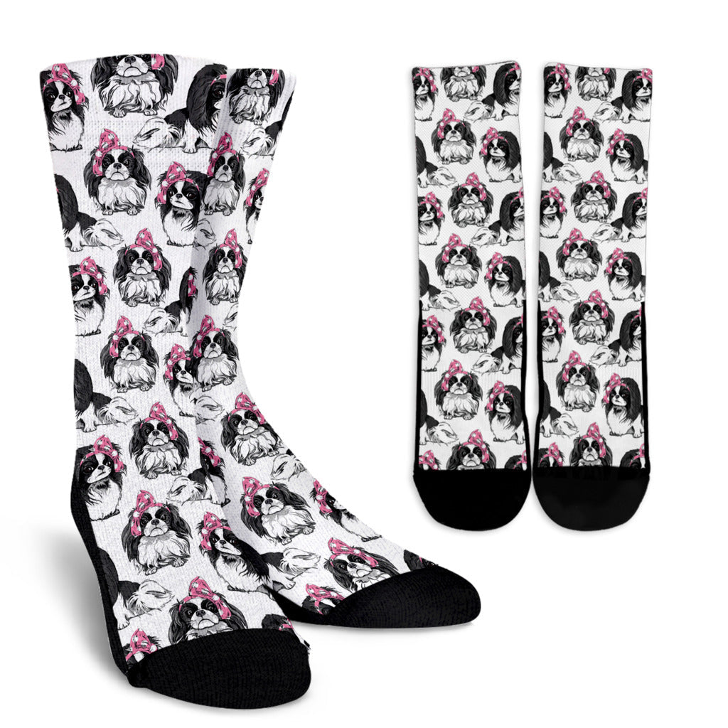 Japanese Chin Pattern Print Design 01 Crew Socks