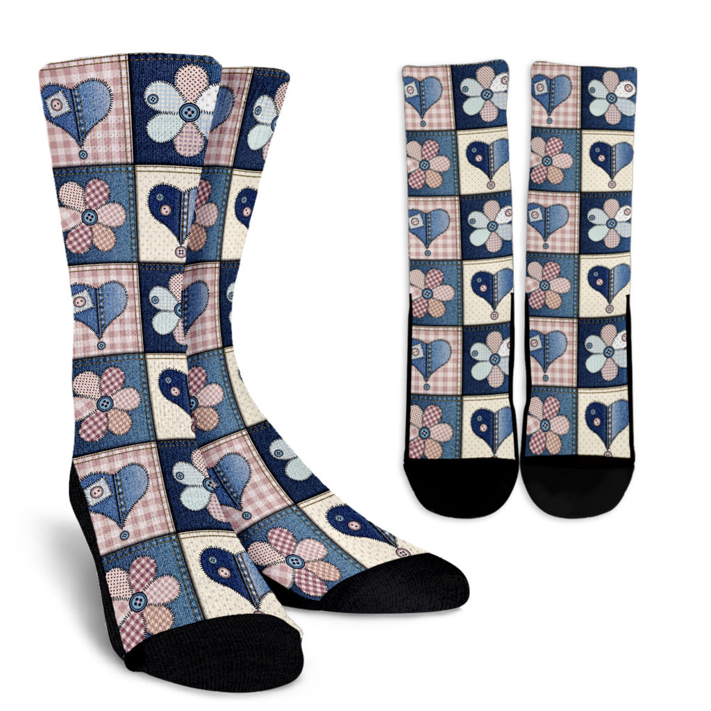 Patchwork Heart Flower Pattern Print Design 01 Crew Socks
