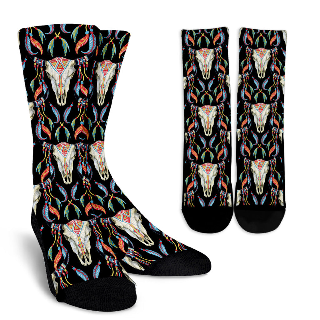 Buffalo Head Boho Style Pattern Print Design 01 Crew Socks