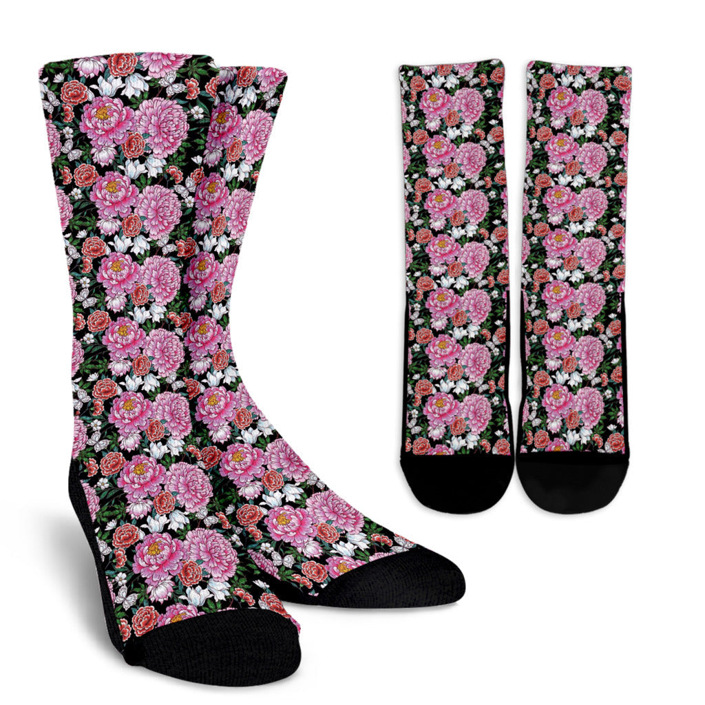 Dahlia Pattern Print Design 02 Crew Socks