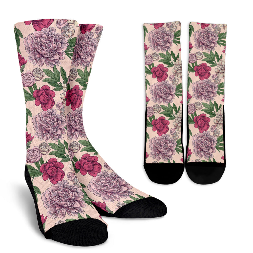 Peony Pattern Print Design A01 Crew Socks