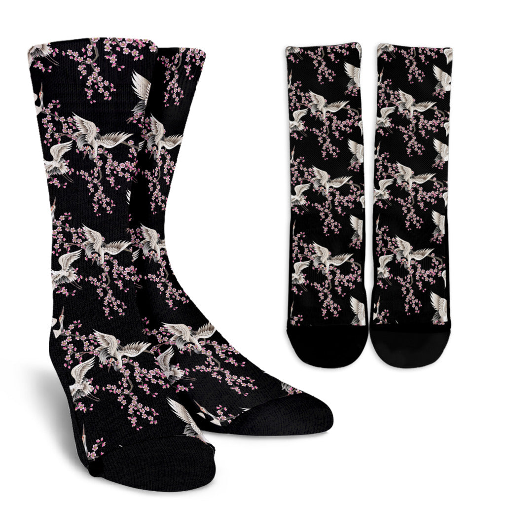 Crane Pattern Print Design 01 Crew Socks