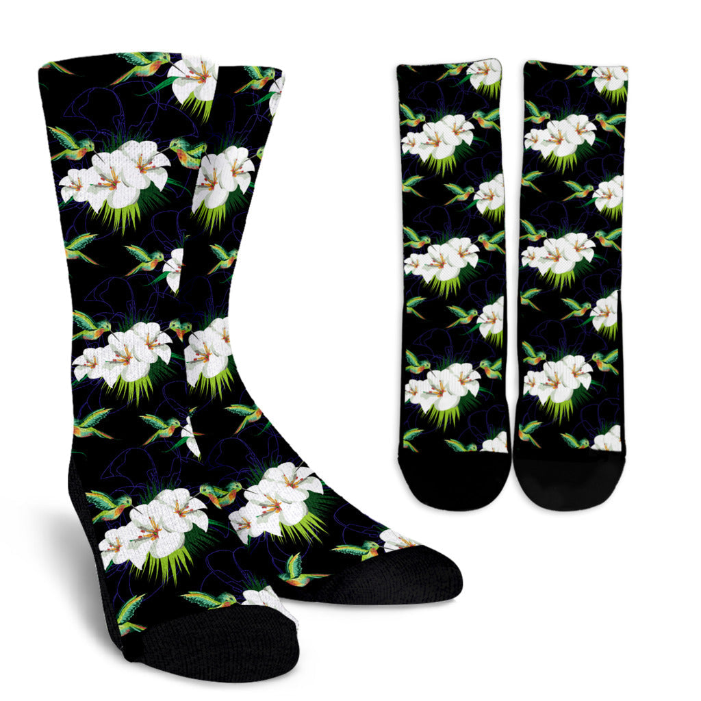 Hummingbird with Flower Pattern Print Design 03 Crew Socks