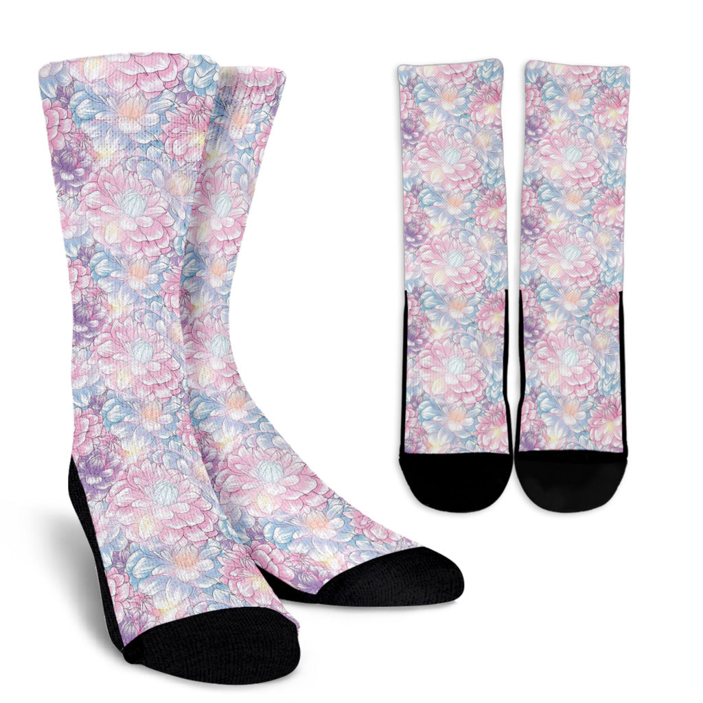 Dahlia Pattern Print Design 01 Crew Socks