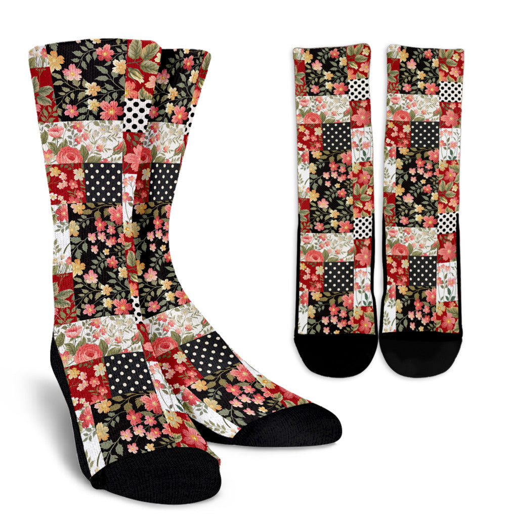 Patchwork Flower Pattern Print Design 03 Crew Socks