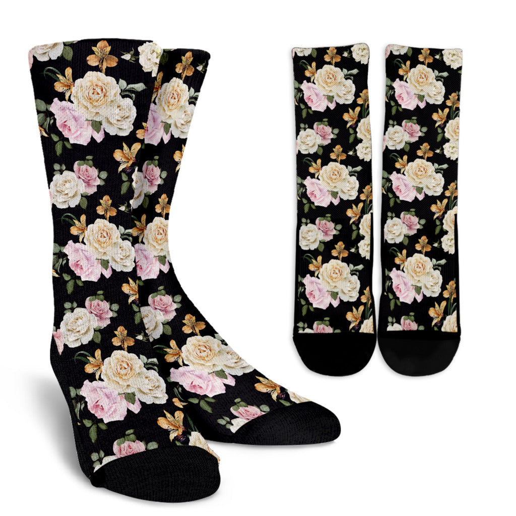 Rose Pattern Print Design A01 Crew Socks