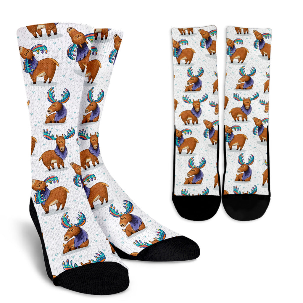 Moose Cute Pattern Print Design 01 Crew Socks