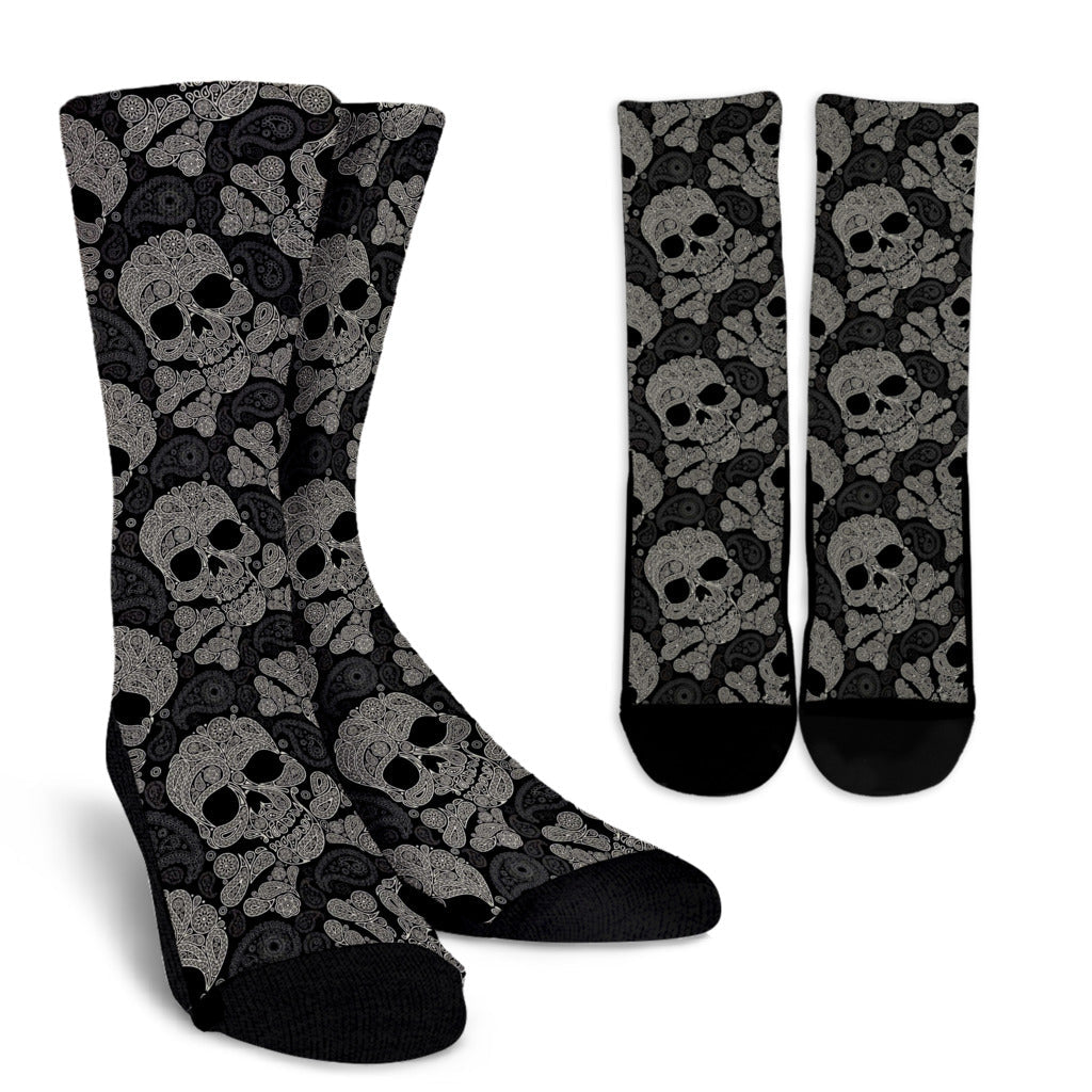 Paisley Skull Pattern Print Design A01 Crew Socks