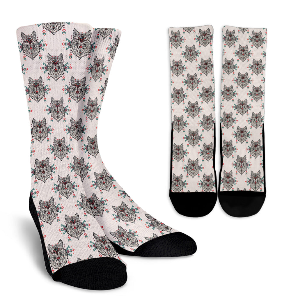 Aztec Wolf Pattern Print Design 01 Crew Socks