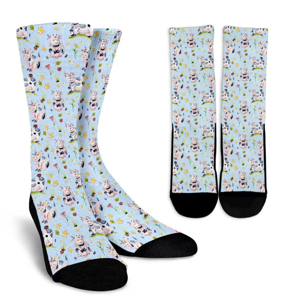 Cow Happy Pattern Print Design 05 Crew Socks
