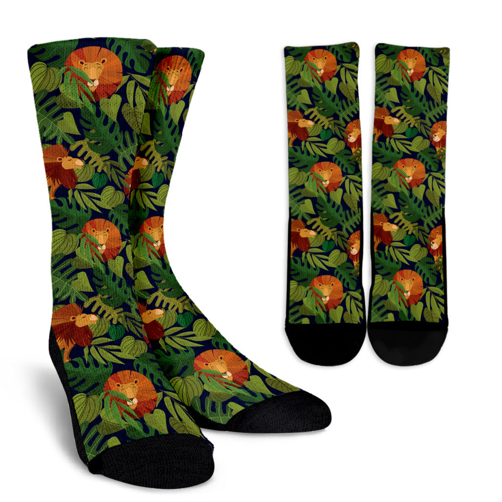 Lion Jungle Pattern Print Design 05 Crew Socks