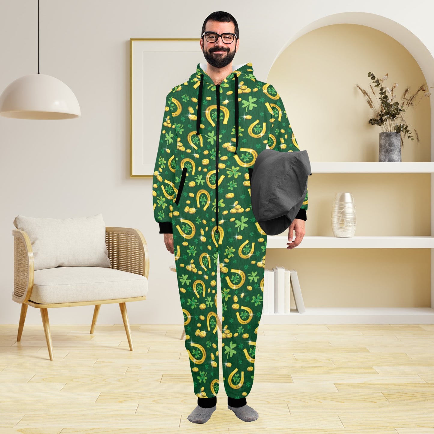 Shamrock Horse Shoes Saint Patrick's Day Print Design LKS307 Hooded Fleece Onesie Pajama Jumpsuit