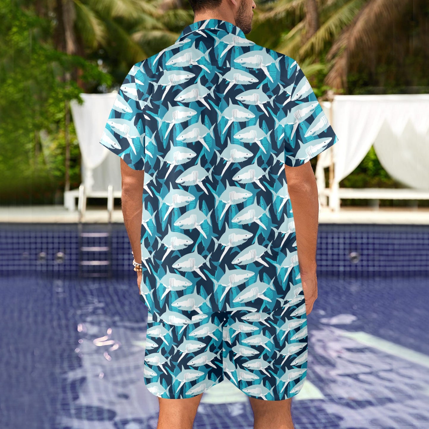 Shark Design Print Men's Beach Shirt and Shorts Set