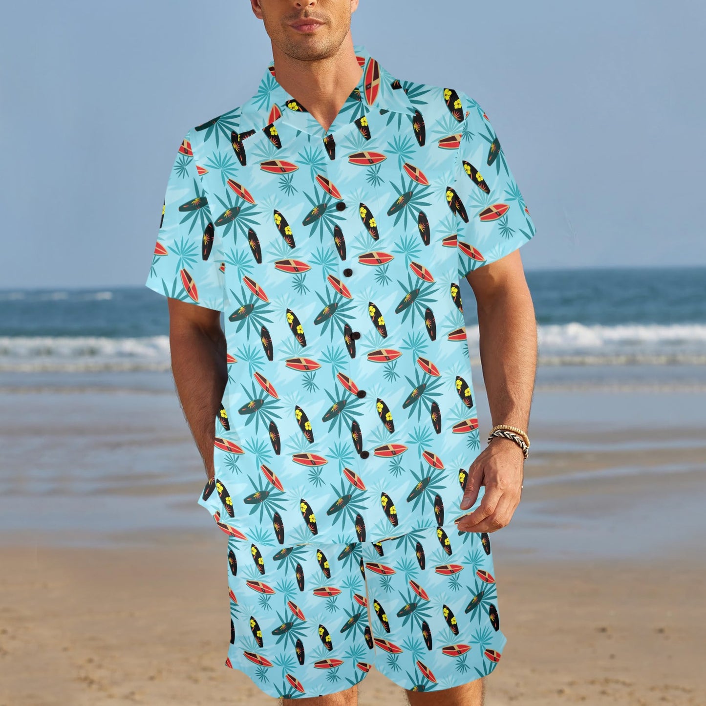 Surfboard Themed Pattern Men's Beach Shirt and Shorts Set
