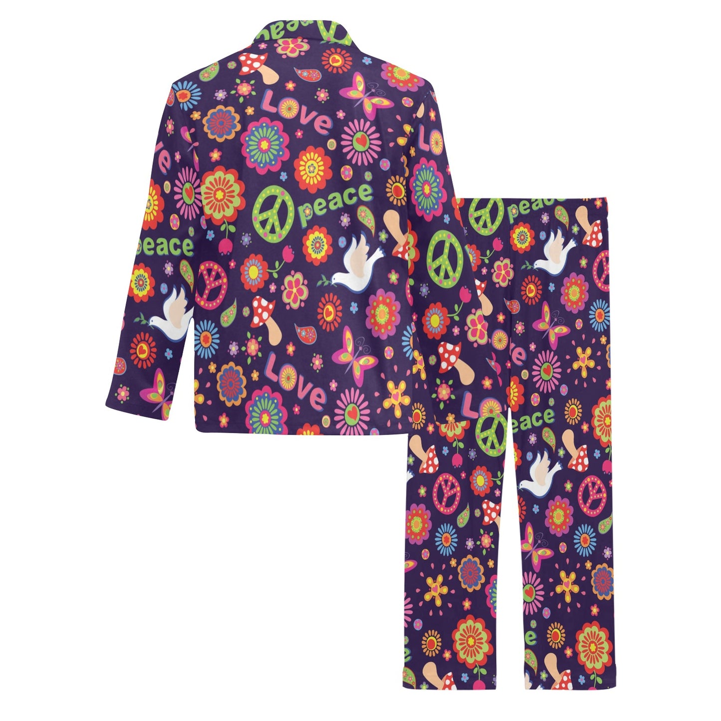 Flower Power Peace Design Print Men's Long Pajama Set