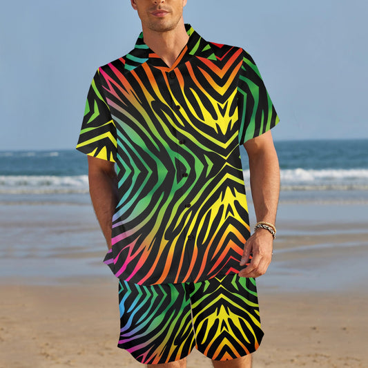 Rainbow Zebra Themed Print Men's Beach Shirt and Shorts Set