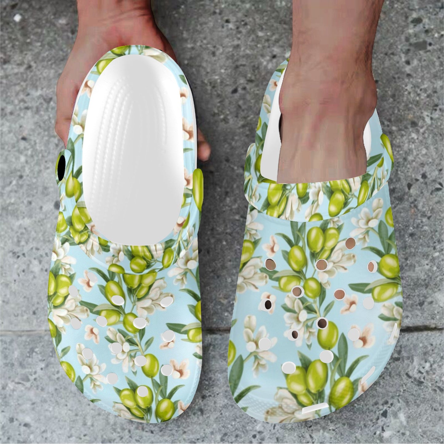 Elegant Olive Floral Print Unisex Clogs Shoes