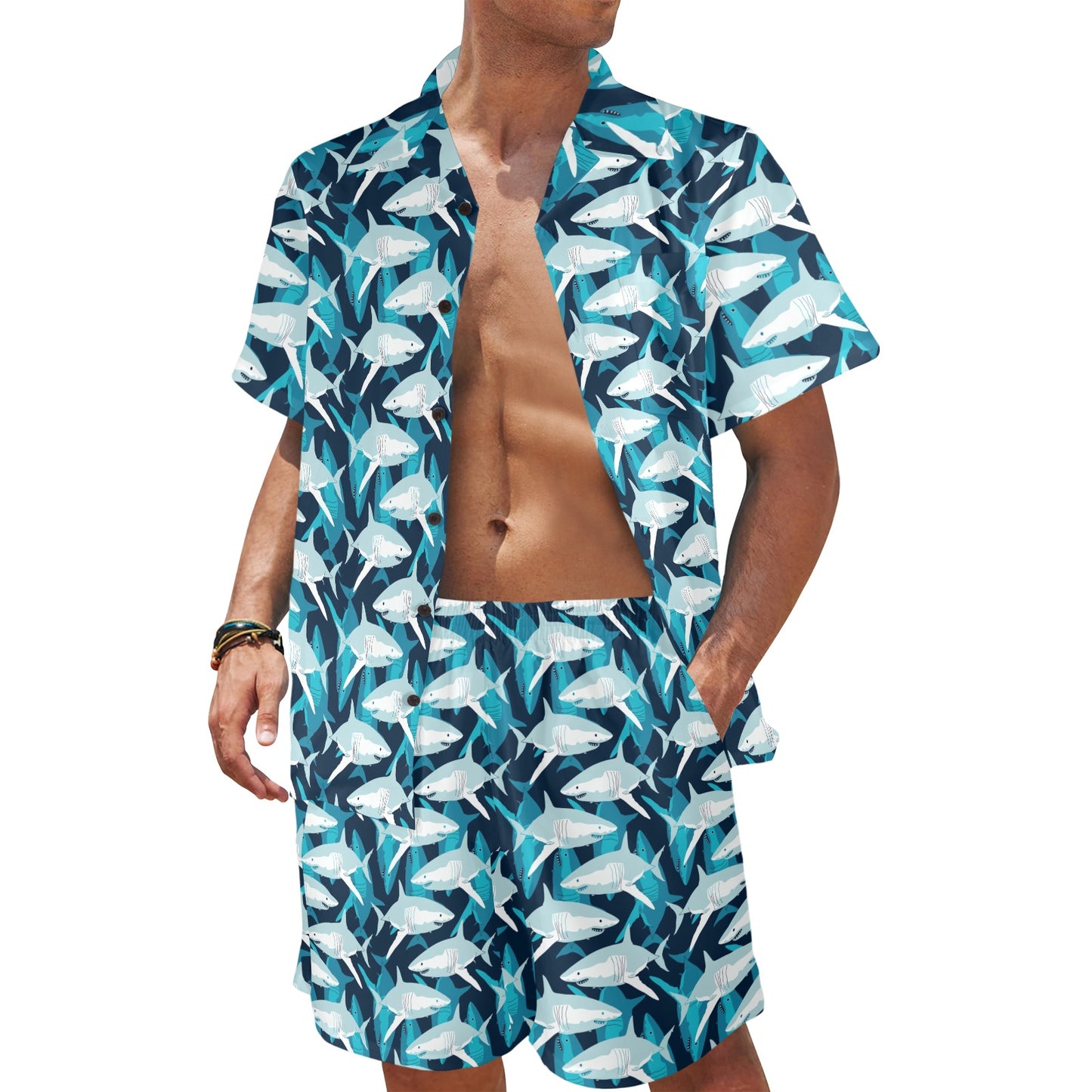 Shark Design Print Men's Beach Shirt and Shorts Set
