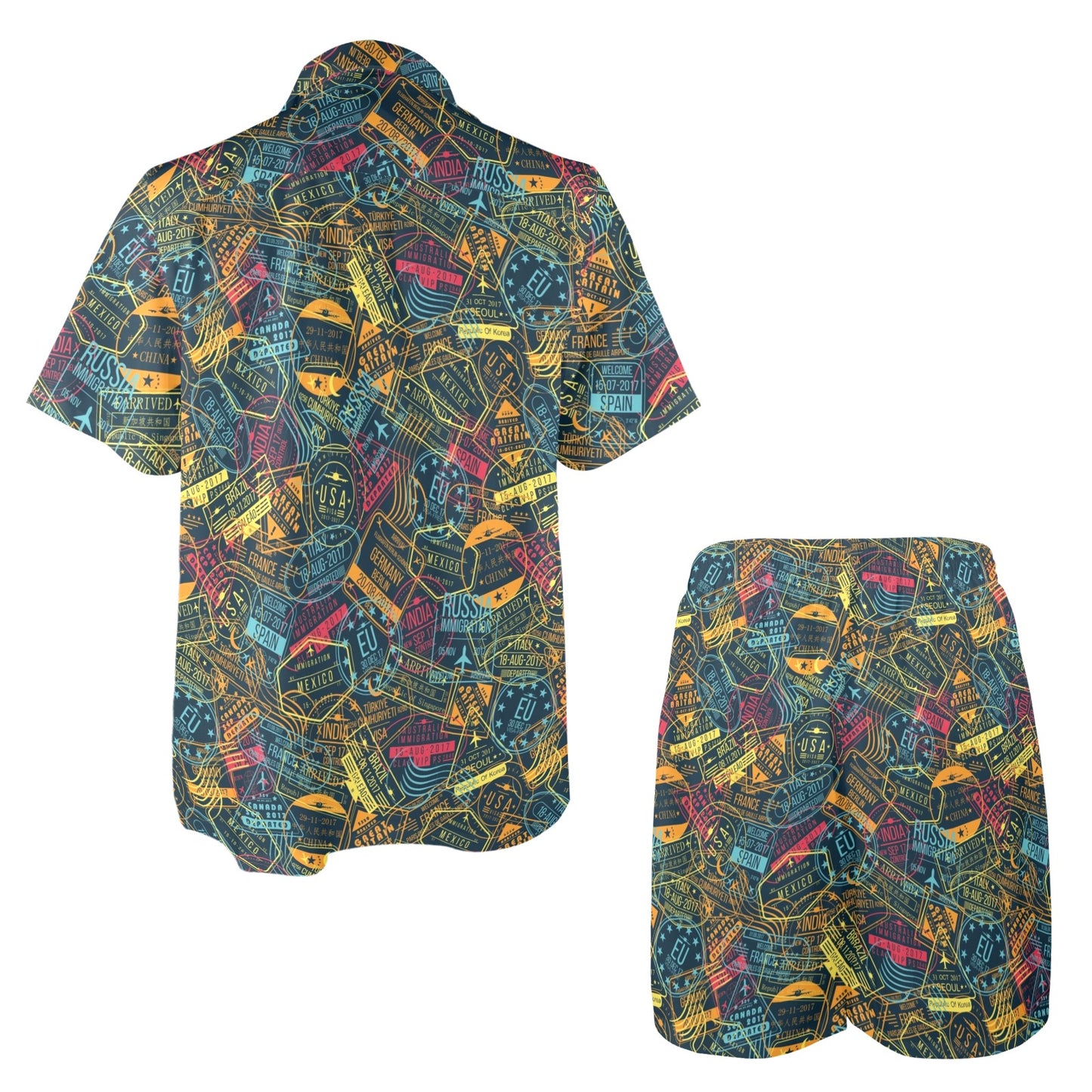 Travel Stamp Print Design LKS301 Men's Beach Shirt and Shorts Set