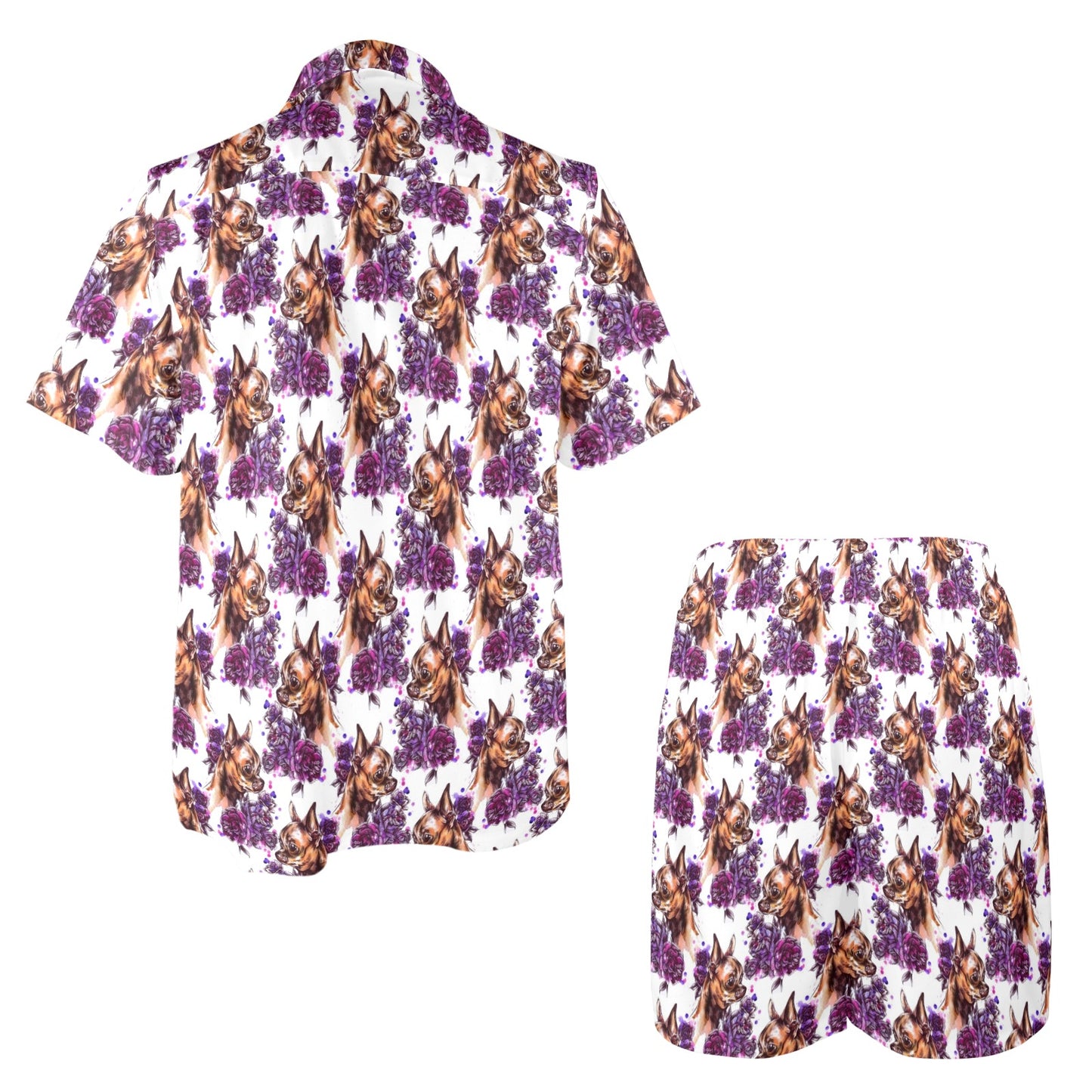 Chihuahua Purple Floral Men's Beach Shirt and Shorts Set
