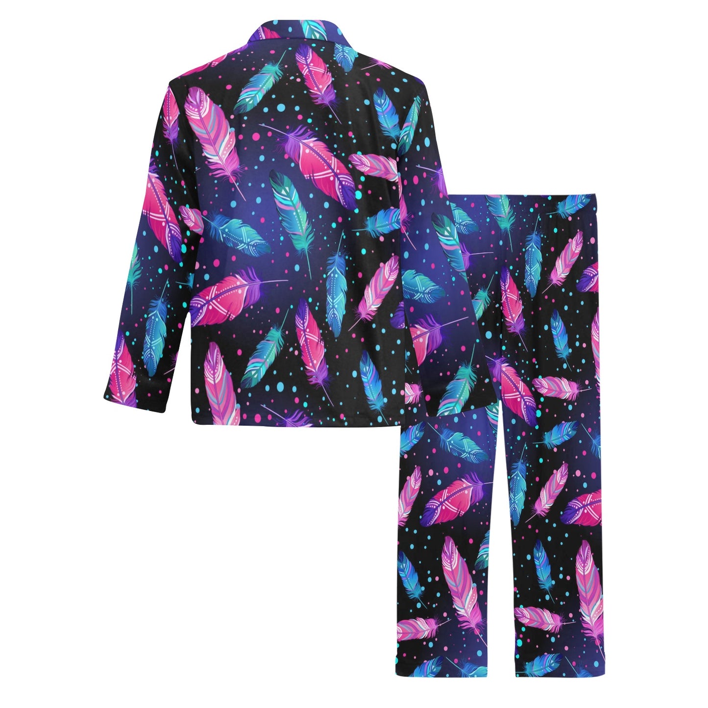 Feather Colorful Boho Design Print Men's Long Pajama Set