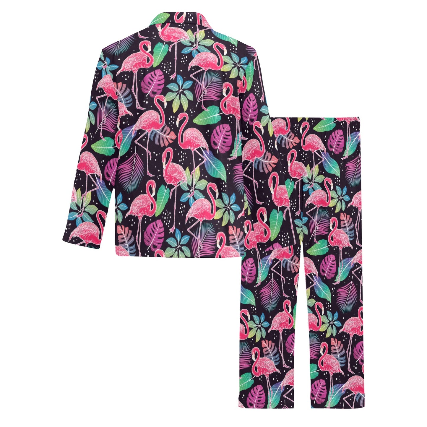 Flamingo Tropical leaves Neon Print Men's Long Pajama Set