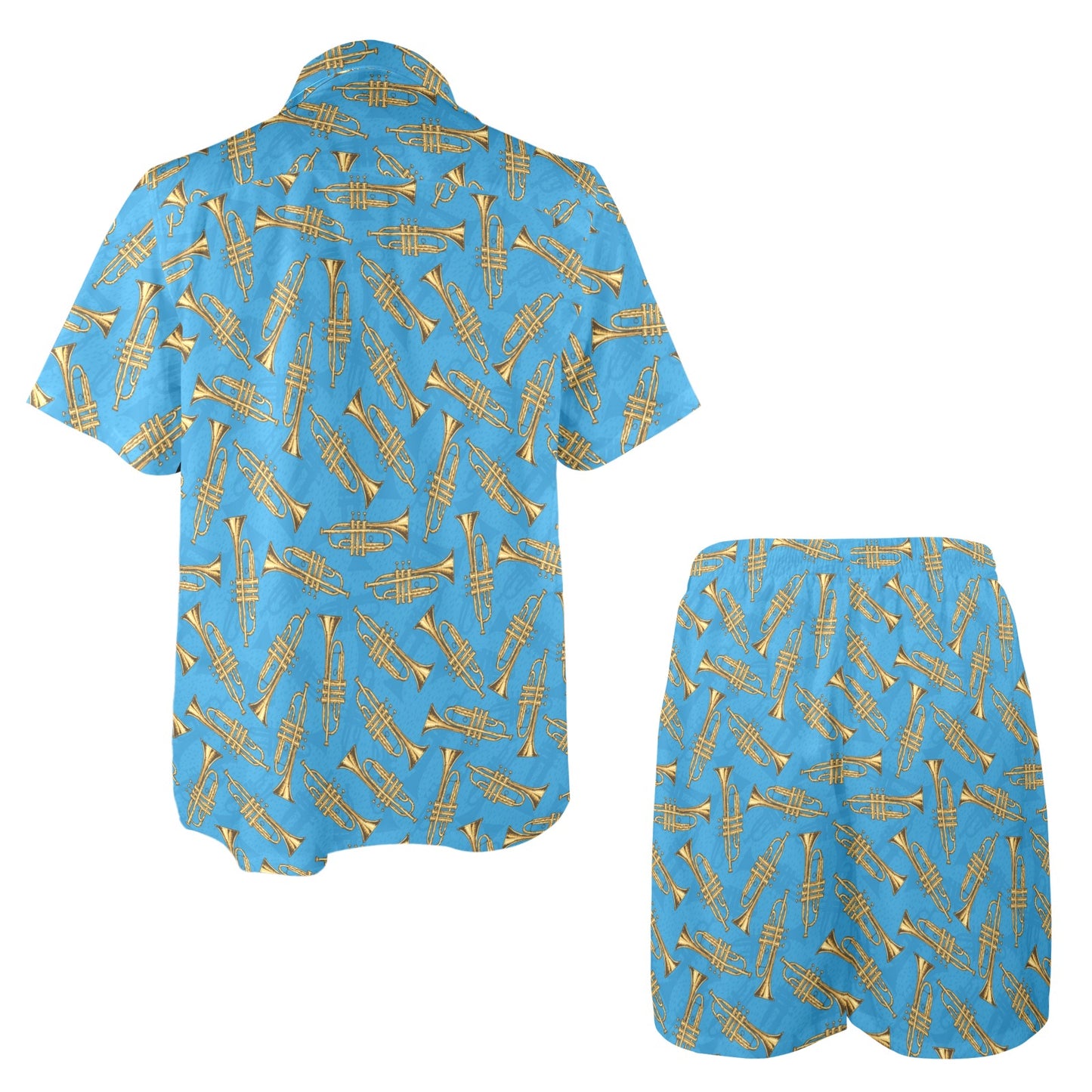 Trumpet Golden Pattern Themed Print Men's Beach Shirt and Shorts Set