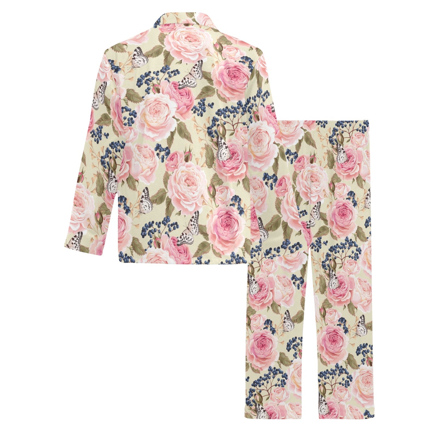 Floral Pink Butterfly Print Men's Long Pajama Set