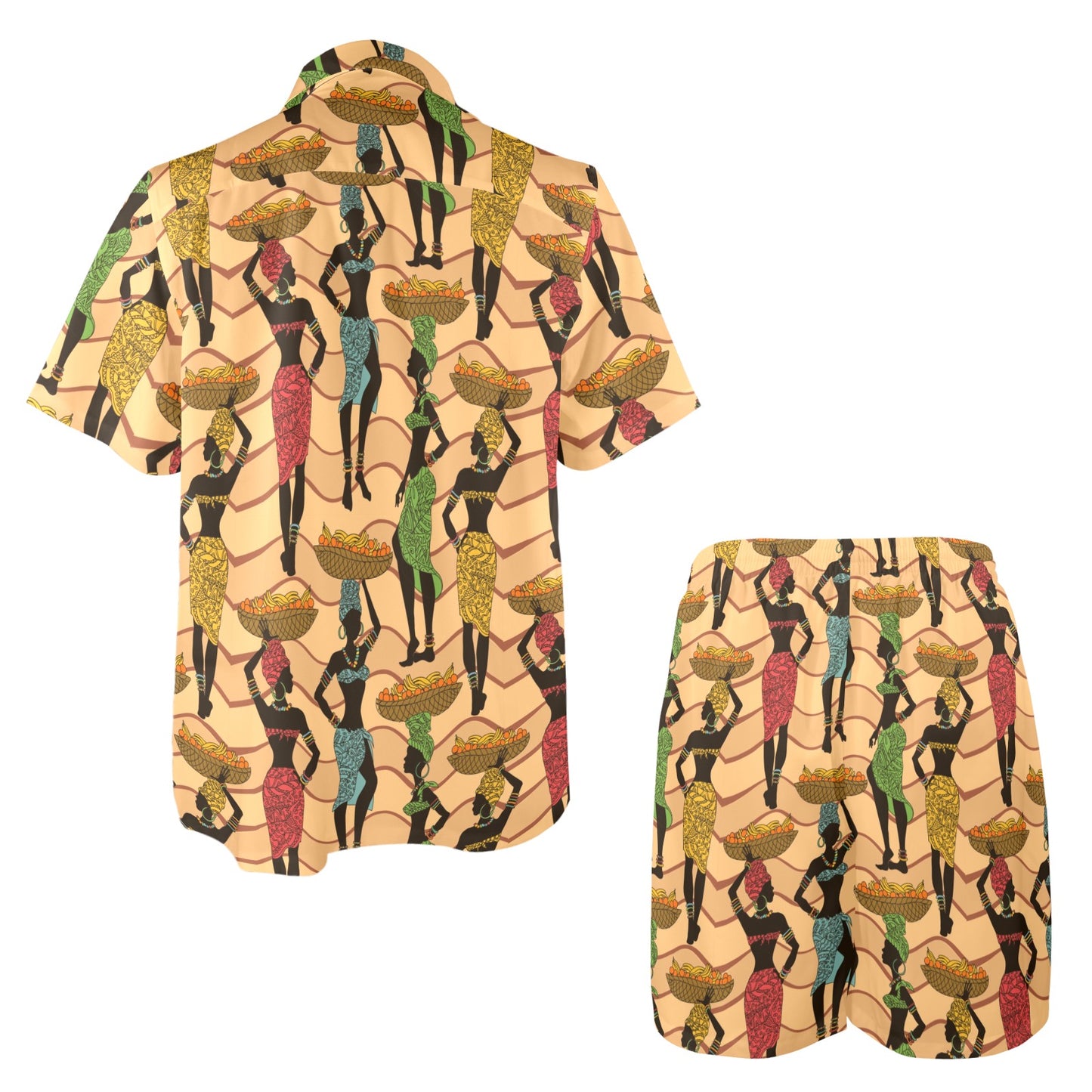 African Girl Pattern Zip Up Hoodie Men's Beach Shirt and Shorts Set