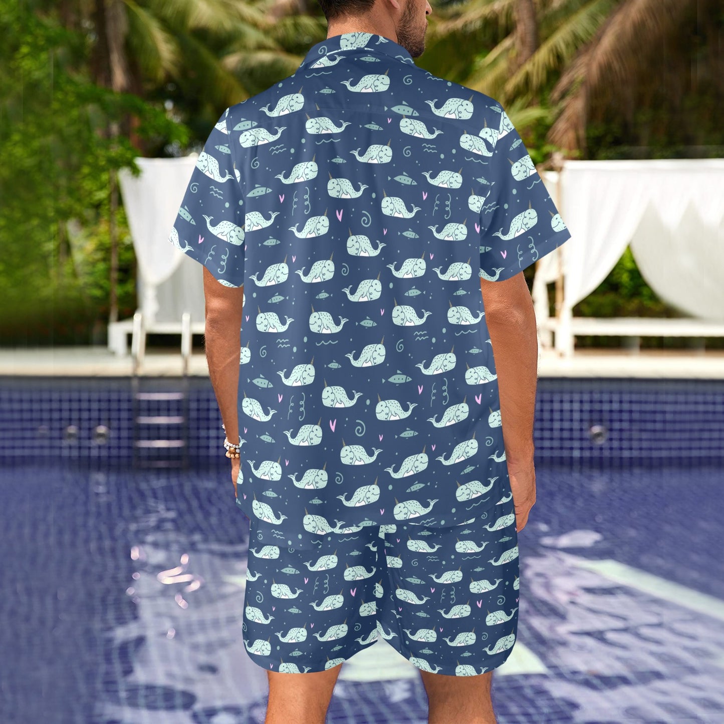 Narwhal Design Print Men's Beach Shirt and Shorts Set