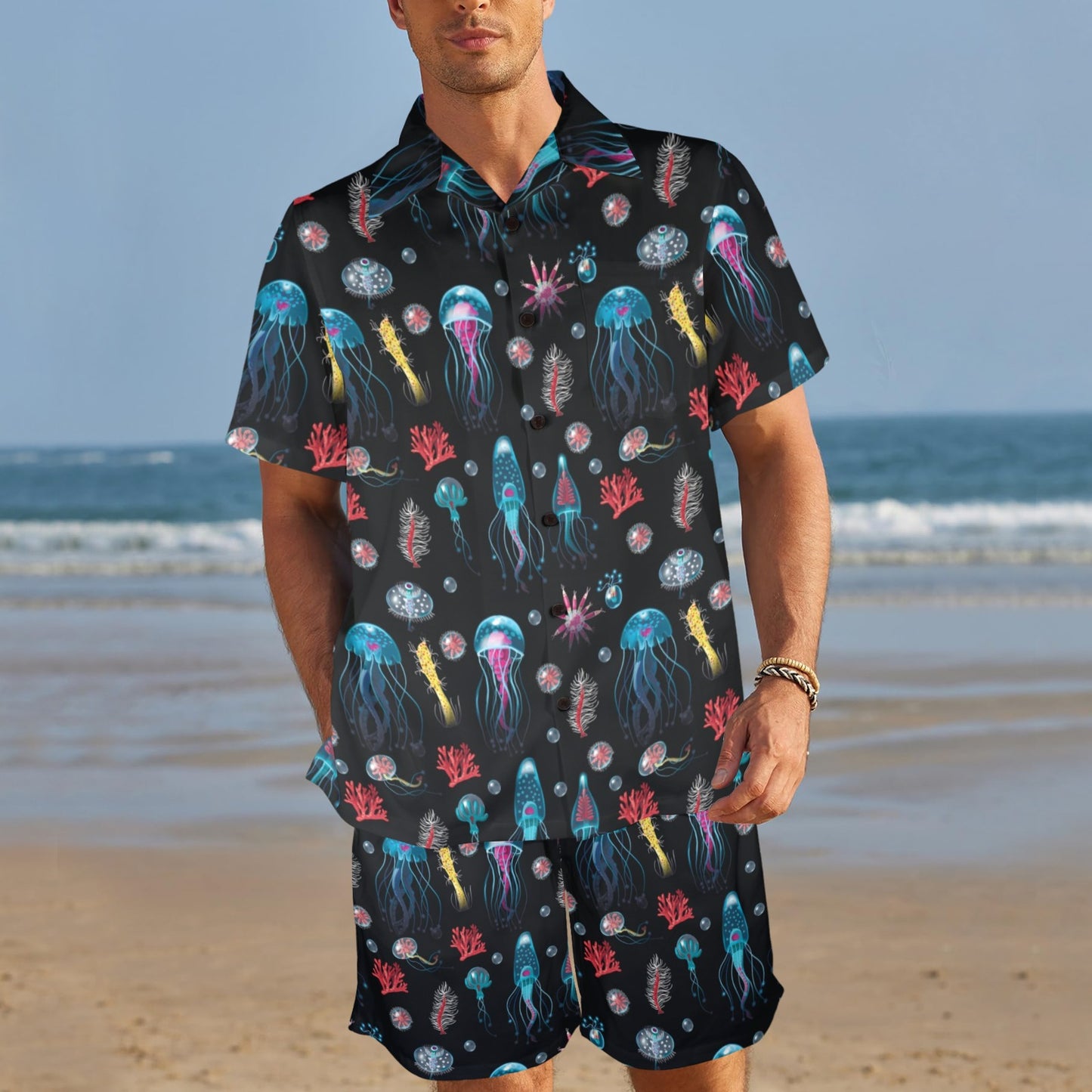 Jellyfish Underwater Print Men's Beach Shirt and Shorts Set
