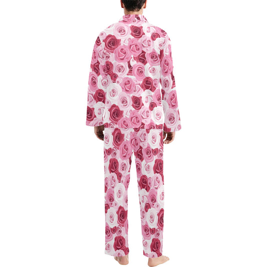 Pink Red Rose Pattern Print Men's Long Pajama Set