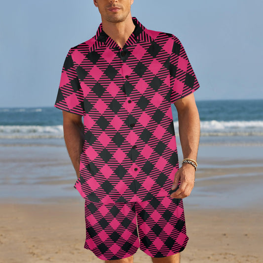 Buffalo check Pink Pattern Print Design 01 Men's Beach Shirt and Shorts Set