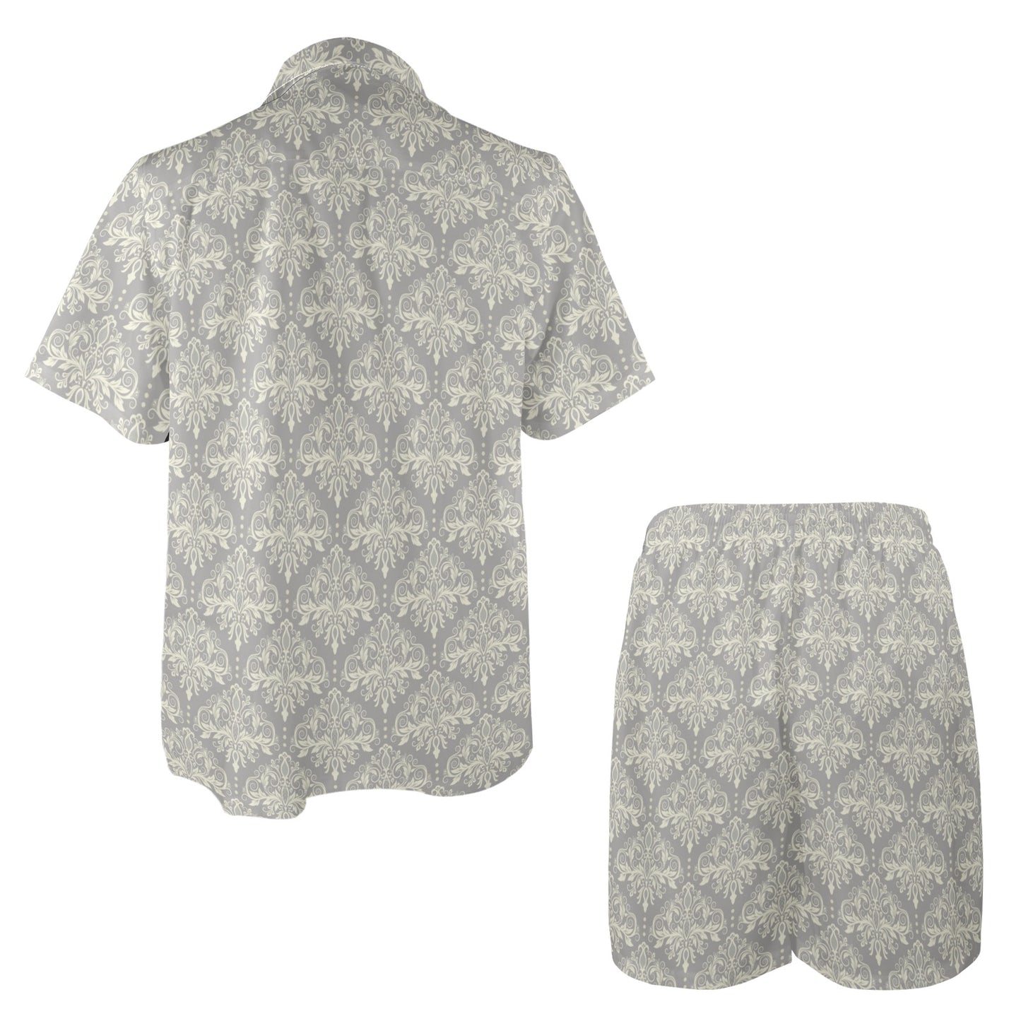 Damask Grey Elegant Print Pattern Men's Beach Shirt and Shorts Set