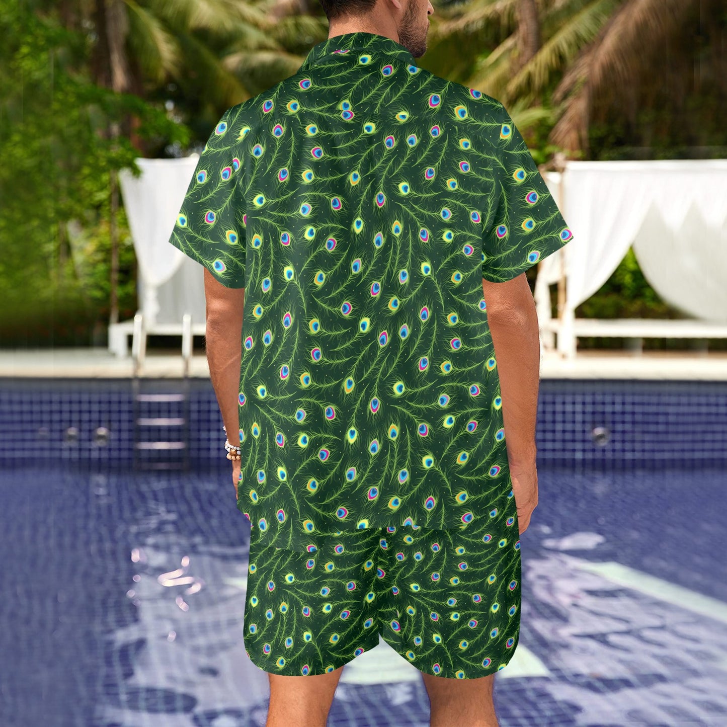 Peacock Feather Green Design Print Men's Beach Shirt and Shorts Set