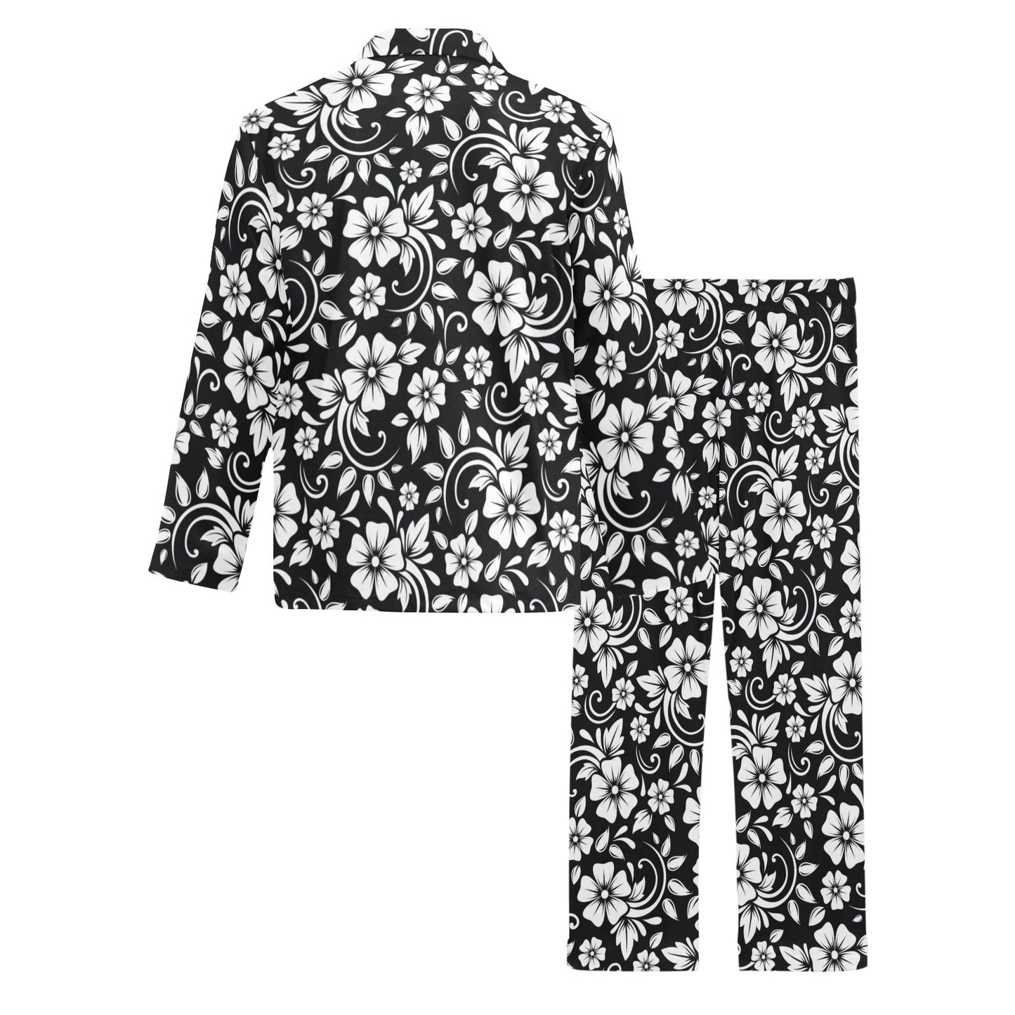 Floral Black White Themed Print Men's Long Pajama Set