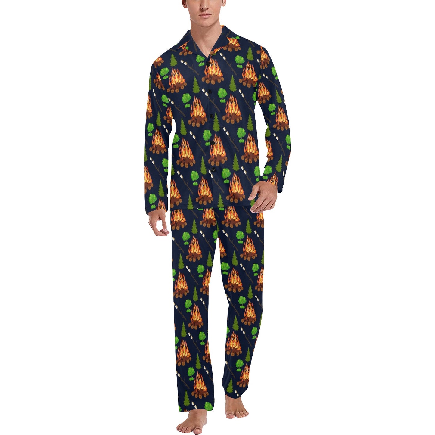 Camfire marshmallow Camping Design Print Men's Long Pajama Set