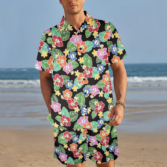 Hawaiian Themed Pattern Print Design H010 Men's Beach Shirt and Shorts Set