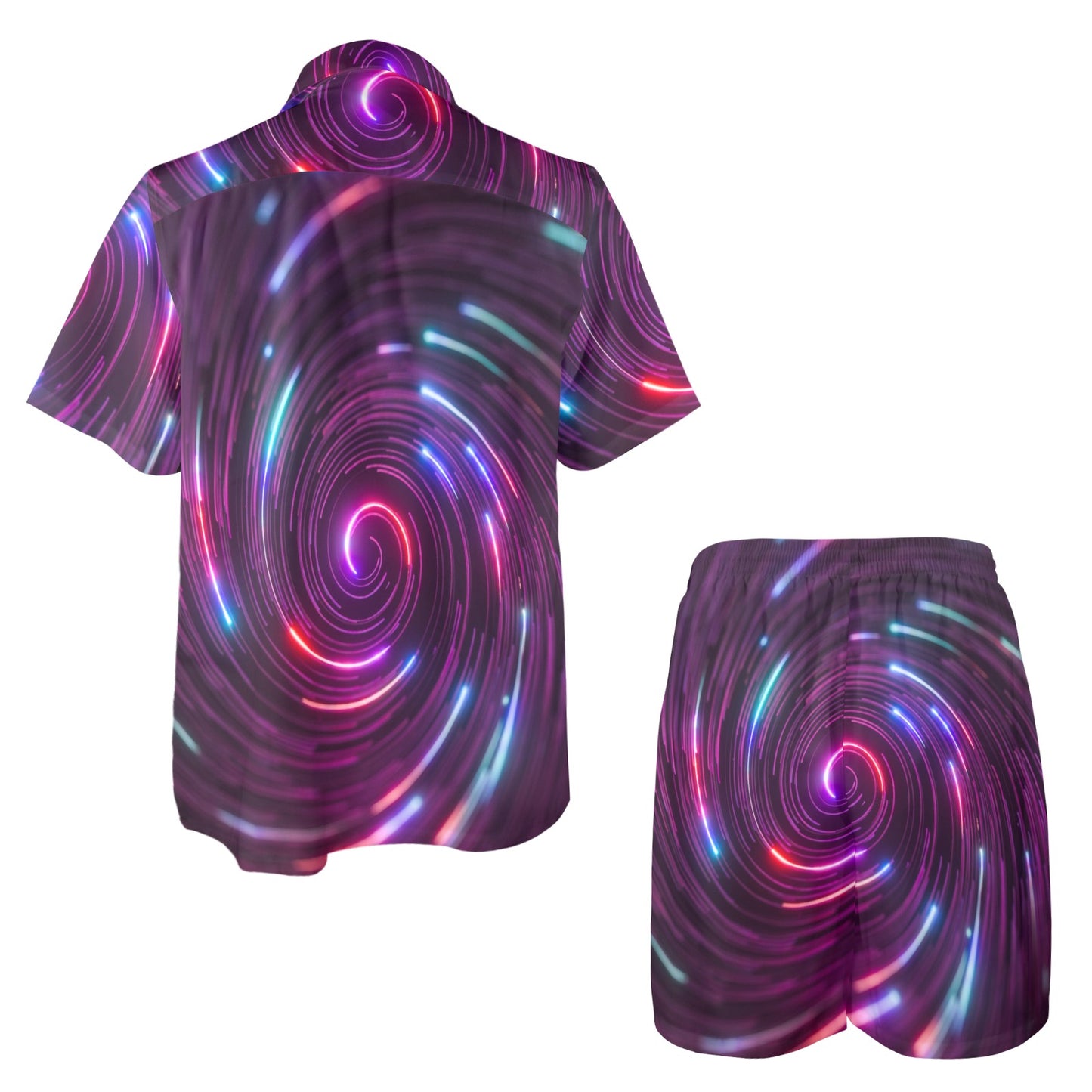 Vortex Twist Swirl Purple Neon Print Men's Beach Shirt and Shorts Set