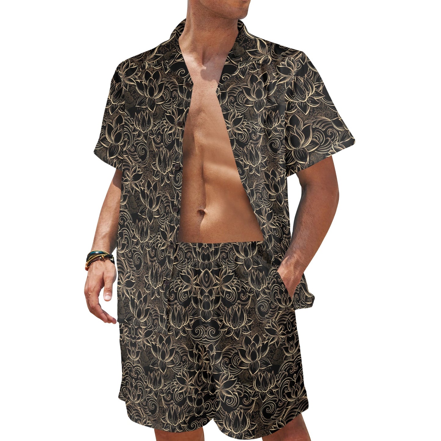 Lotus Gold Mandala Design Themed Men's Beach Shirt and Shorts Set