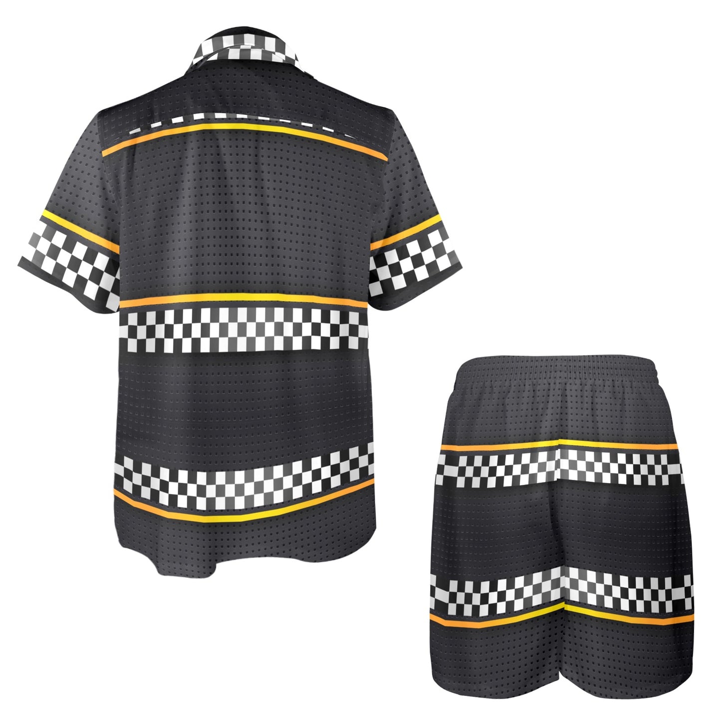 Checkered Flag Yellow Line Style Men's Beach Shirt and Shorts Set